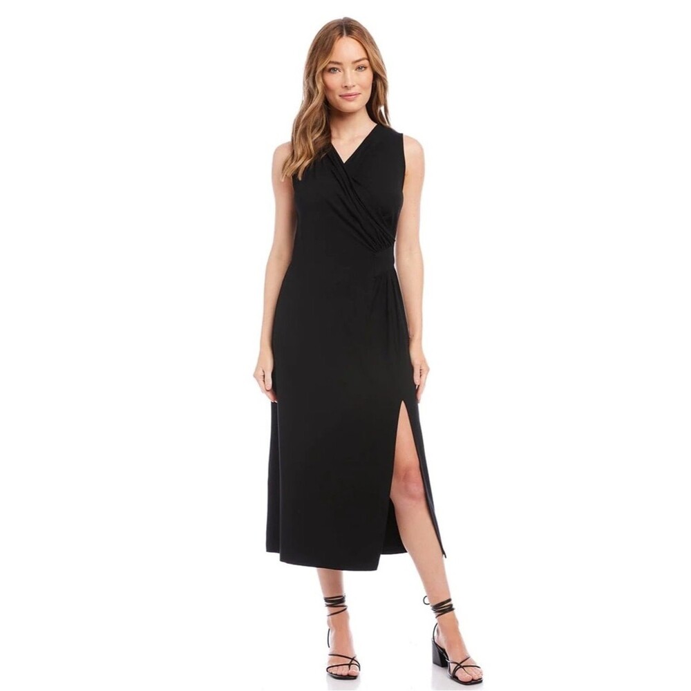 NWT Karen Kane Faux Wrap Midi Dress Women's Size XL Black Sleeveless Side Slit